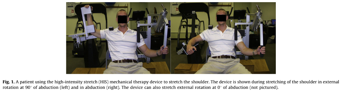 a patient using the high-intensity stretch mechanical therapy device to stretch the shoulder